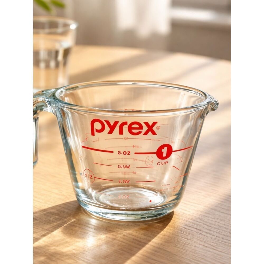 EUC PYREX Glass Measuring Cup 8 oz Red Lettering - Made in USA